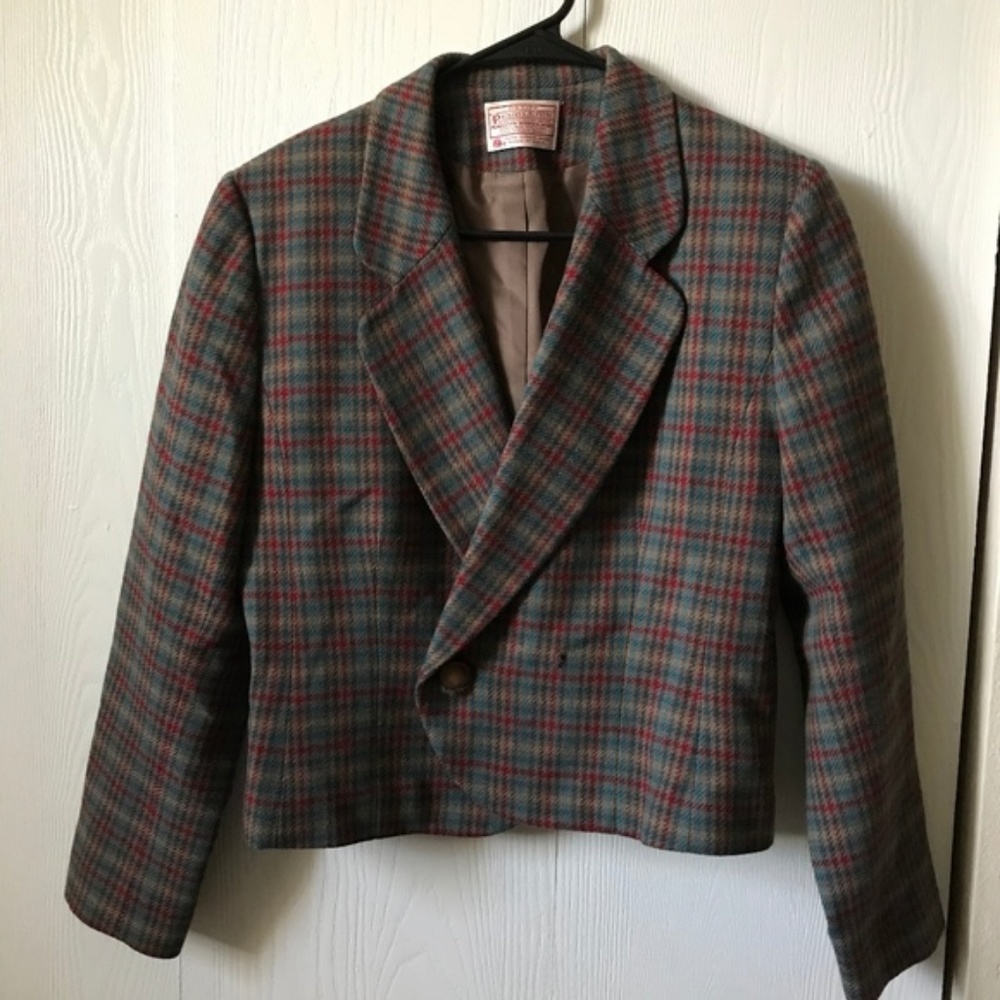 Vntg Pendleton Jacket Wool Blue Red Plaid Sz 10